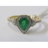 18ct YELLOW GOLD EMERALD & DIAMOND RING, principal pear cut emerald in excess of 1 ct, surrounded by