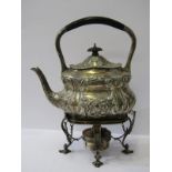 EDWARDIAN SILVER SPIRIT KETTLE ON STAND, with ebony handle and finial, floral and foliate decoration