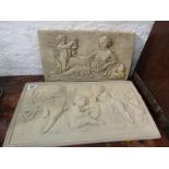 GARDEN PLAQUES, 2 relief garden plaques depicting cherubs, max width 42cm