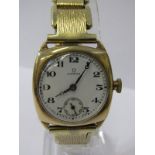 9ct GOLD CASED OMEGA TRENCH STYLE WATCH, not original winder, expanding bracelet, appears to be in