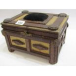 TRAMP ART BOX, a rectangular needlework box with pin cushion top containing 4 antique steel keys,