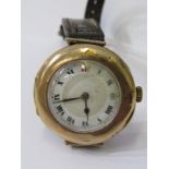 1920s GOLD WATCH, 9ct yellow gold wrist watch with white enamel dial and Roman numerals, on