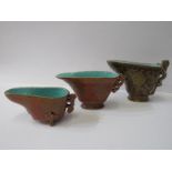 ORIENTAL CERAMICS, 3 libation cups, 1 with dragon handle and base seal mark, exterior with gilt