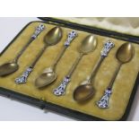 LIBERTY SPOONS, cased set of 6 enamelled handle silver gilt spoons