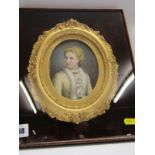 VICTORIAN OVAL PORTRAIT, "Young Lady with white fur trimmed jacket" in gilt frame, 15cm x 11cm