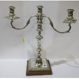 IMPRESSIVE SILVER TWIN BRANCH, SQUARE BASE CANDELABRA, triple candle holders with scroll arm