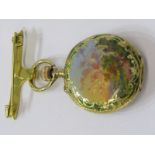 FOB WATCH, 18ct yellow gold enamelled lady's fob watch, with 9ct gold ribbon brooch style pin,