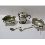 PAIR OF LATE VICTORIAN SILVER OVAL SALTS, London 1899, together with silver lidded mustard and 2