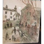 FRED YATES, signed oil on board "Children Playing in Alleyway", 32cm x 28cm