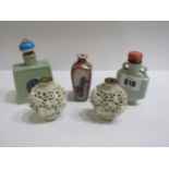 ORIENTAL CERAMICS, a snuff bottle collection, 2 celadon glazed snuff bottles, 1 with twin handles,