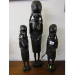 ETHNIC CARVING, group of 3 African figures, 1 with shield and spear, 64cm height