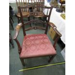 CHIPPENDALE DESIGN MAHOGANY ELBOW CHAIR, carved pierced ladder back design with inset cushion and