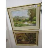 ENGLISH SCHOOL, 2 framed watercolours "Beechwood at Godalming" and "Figure on rustic bridge", 25cm x