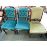 PAIR OF VICTORIAN, MAHOGANY SCROLL BACK DINING CHAIRS, turquoise button back upholstery, together