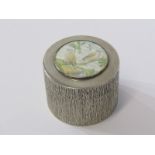 HEAVY SILVER TEXTURED LIDDED BOX, with hand painted picture of doves to lid