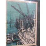 L. RENTON, pencil signed limited edition linocut "Thames from London Bridge 1965", 52cm x 56cm