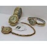 GOLD CASED WATCHES, 3 vintage gold cased wrist watches on plated straps, 1 Optina with secondary