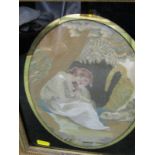 GEORGIAN NEEDLEWORK, oval coloured silk embroidery of Young Lady with Dog, in verre eglomise