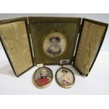 MINIATURES, Edwardian leather cased watercolour portrait "Young Lady in floral dress", also military
