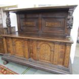 EARLY CONTINENTAL CARVED OAK MARQUETRY & PARQUETRY CUPBOARD BASE SIDEBOARD, twin arched panel