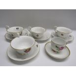 NYMPHENBURG TEAWARE, set of 4 floral decorated and gilded cups and saucers, together with similar