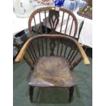 WINDSOR ASH & ELM COMB BACK ARMCHAIR, H stretcher with baluster arm supports