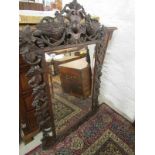FLEMISH CARVED OAK BEVEL EDGE RECTANGULAR WALL MIRROR, ornate bird and vine carved surround, 113cm