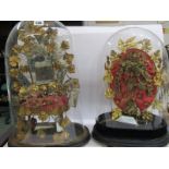 ANTIQUE FRENCH GLASS WAX FLOWER DISPLAYS under dome -2 glass displays, 1 with multi mirrored