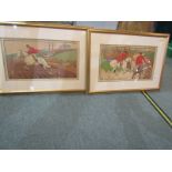 HUNTING, pair of Dorothy Hardy chromolithograph panels "The Hunt", 23cm x 43cm