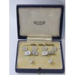 ART DECO CUFF LINKS, Art Deco diamond and mother-of-pearl cuff link and tie pin set, in a Mappin &
