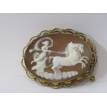 VICTORIAN CAMEO BROOCH, 9ct yellow gold oval brooch, decorated a classical scene, chariot with