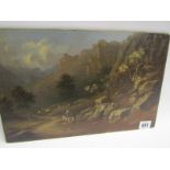 19th CENTURY ENGLISH SCHOOL, oil on mahogany panel "Figures on a mountain pass", 23cm x 35cm