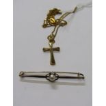 GOLD JEWELLERY, 9ct gold cross on 18", 9ct gold fine link necklace, also a 9ct yellow gold bar