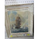 HERMAN HAGG, signed oil on board dated 1937 "Approaching Galleons", 27cm x 20cm