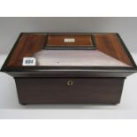 VICTORIAN MAHOGANY TEA CADDY, inlaid sarcophagus shaped triple section tea caddy with brass ring