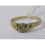 DIAMOND RING, 9ct yellow gold ring, set a central diamond with diamond shoulders, size S