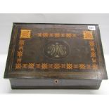 19th CENTURY INLAID WRITING SLOPE with interesting parquetry detail and fitted interior, 38cm width