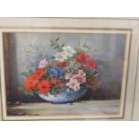NOEL HARRY LEAVER, signed watercolour "Still Life - Blue bowl of flowers", 17cm x 24cm
