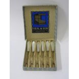 HEAL & SON, set of 6 silver pronged sweetcorn holders with mother-of-pearl handles in a fitted