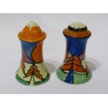 CLARICE CLIFF, "Fantasque" pair of condiments decorated with tree pattern