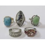 5 SILVER STONESET RINGS, various design and sizes