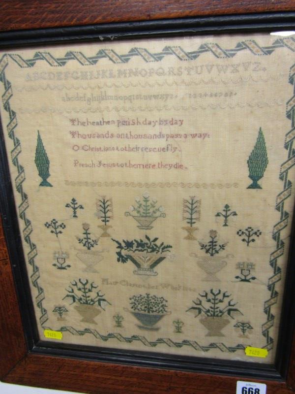 VICTORIAN NEEDLEWORK SAMPLER, coloured silk sampler by Mary Clayton dated 1842, 33cm x 28cm - Image 2 of 3