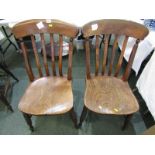 PAIR OF ANTIQUE KITCHEN SLAT BACK CHAIRS, shaped elm seats, H stretcher