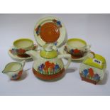 CLARICE CLIFF, "Crocus" pattern breakfast set to include Bon Jour shaped preserve pot, conical tea