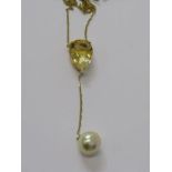 CITRINE & PEARL PENDANT, 14ct gold pendant set a pear cut citrine of approx. 2cm width with a