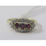 RUBY & DIAMOND RING, 18ct yellow gold ring, set 3 graduated rubies to centre, cluster of diamonds to