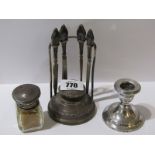SILVER MANICURE SET, circular base with accessories, Chester 1920; also silver lidded smelling salts