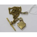 GOLD WATCH CHAIN WITH T BAR & LOCKET FOB, 14" 18ct gold pocket watch chain with T bar with 10 ct