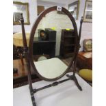 ANTIQUE SWING DRESSING MIRROR, 19th Century inlaid mahogany oval swing dressing mirror on turned