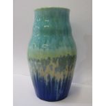 RUSKIN, blue and turquoise drip glazed 28cm vase, impressed mark